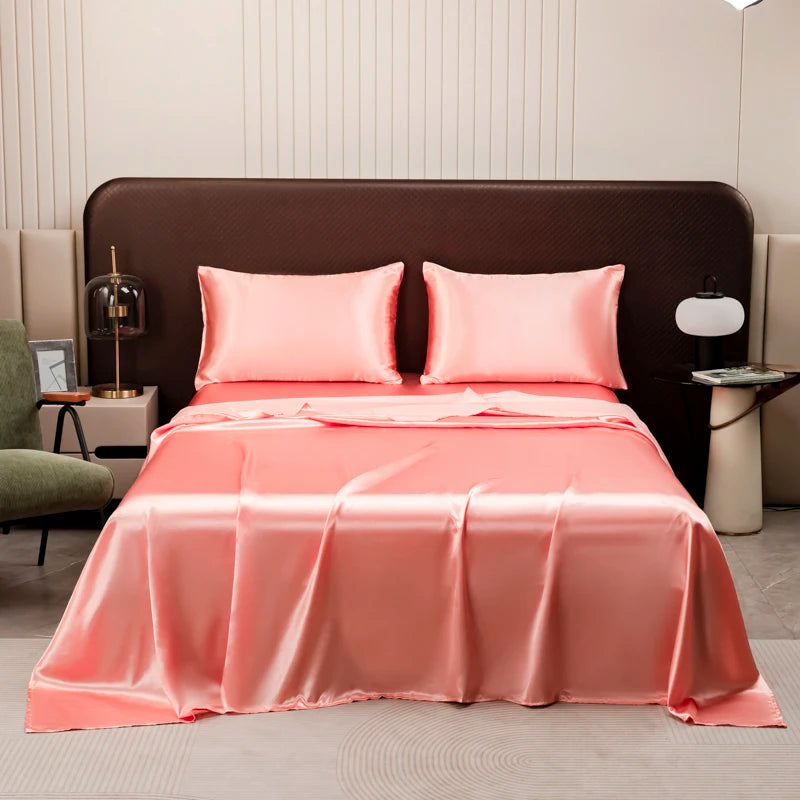 Satin Bed Sheet Sets for Summer Silky Smoooth Top Sheet with Pillowcase Single/Queen/King Ice Cooling Flat Bed Sheet Sets