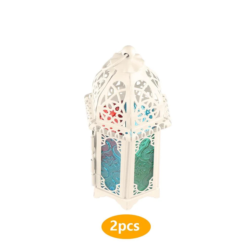 Glass Crystal Moroccan Candlestick Metal Hollow Candle Holder Home Coffee Shop Decoration Iron Hanging Candle Lantern