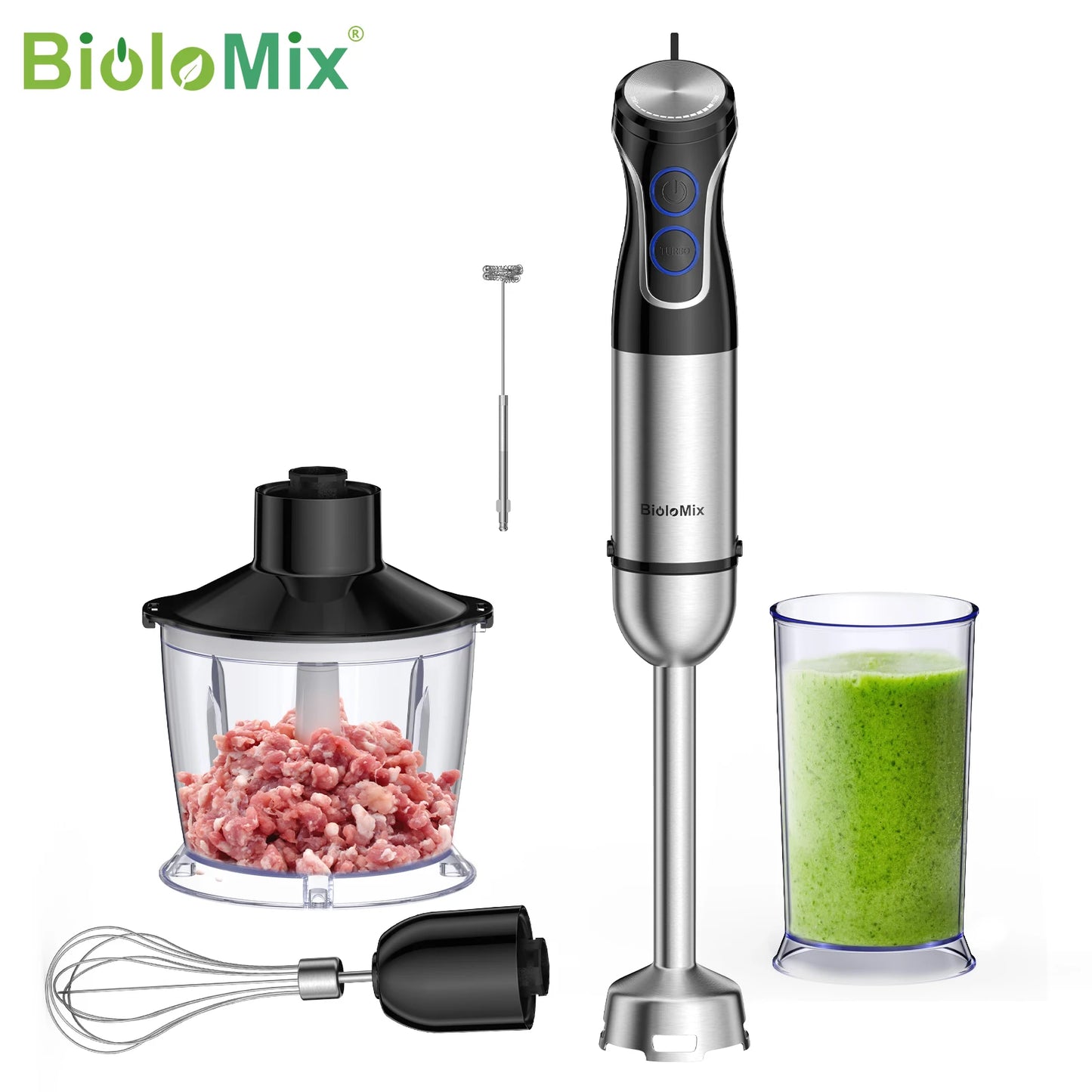خلاط يدوي 5 في 1 من BioloMix، خلاط بقوة 1500 واط مع شفرة 304 من الفولاذ المقاوم للصدأ، محضر طعام، عصائر هريسة لأغذية الأطفال