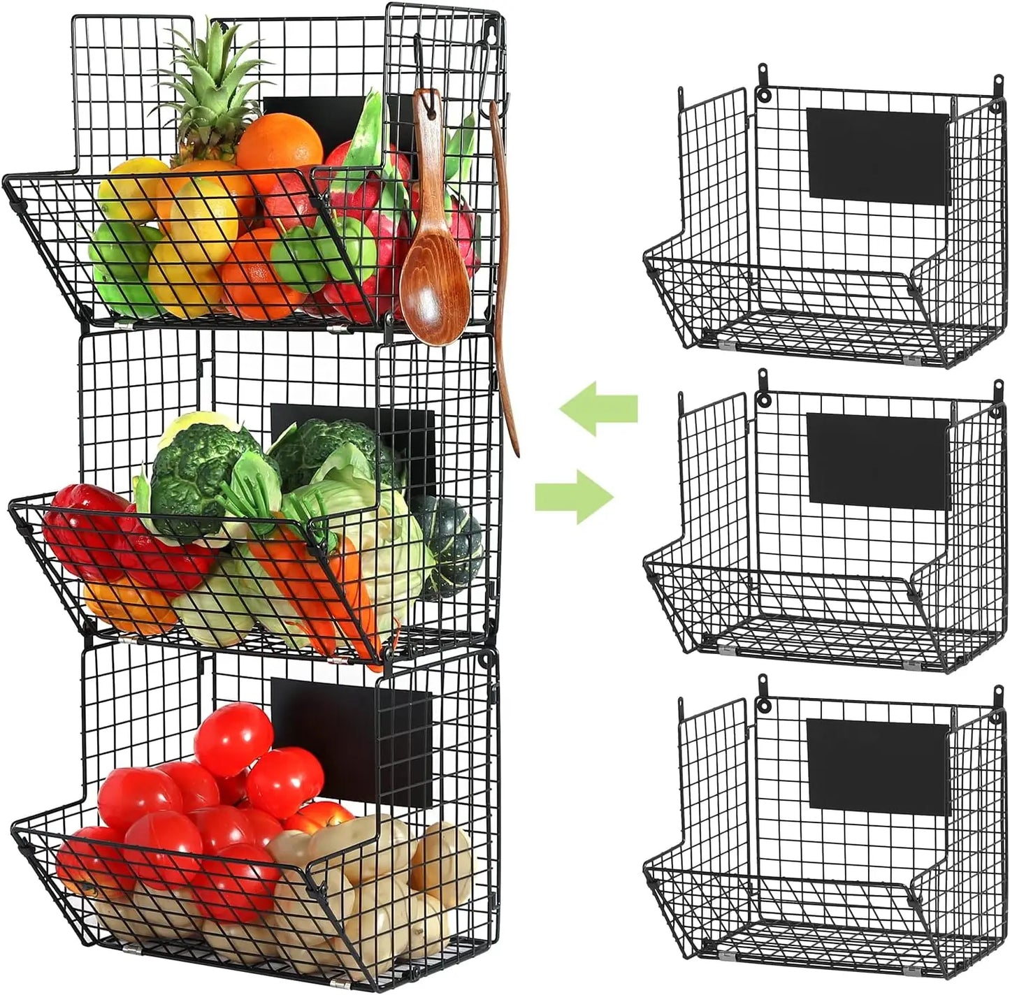 Metal Wire Basket Wall Mount, 4 Tier Extra Large Wall Storage Basket Organizer with Chalkboards, Kitchen Fruits and Vegetables