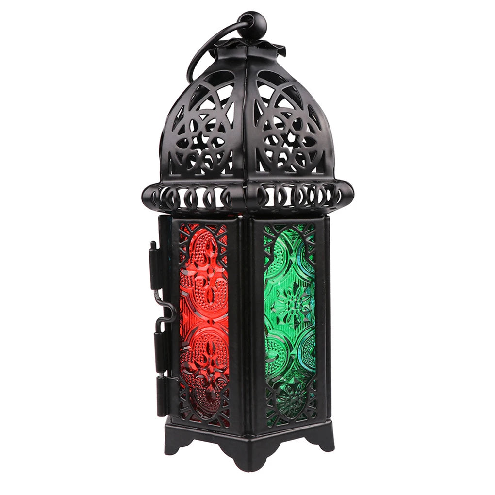 Glass Crystal Moroccan Candlestick Metal Hollow Candle Holder Home Coffee Shop Decoration Iron Hanging Candle Lantern