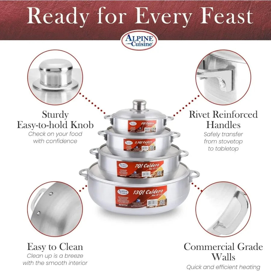 Nonstick Aluminum Caldero Set 8Piece Cookware with Lids Ideal for Stews Soups Rice 2 Qt 3.5 Qt 7 Qt 13 Qt Pots Silver