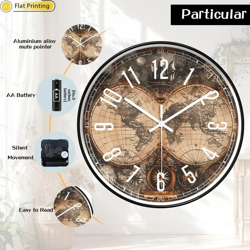 Wooden Silent Wall Clock Vintage world map compasses Quartz Round Analog Clock for Home Office Idea Holiday Gifts