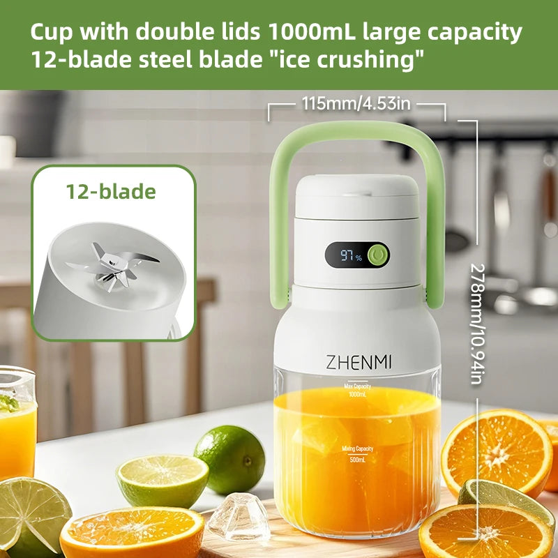 Bærbar juicer, 33 oz. Fartøj, USB-C genopladelig, let at rengøre, velegnet til juice af frugter og grøntsag,