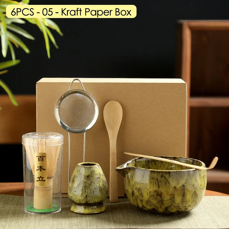 4PCS/6PCS Japanese Ceramic Matcha Teaset Safe Bamboo Brush Teaspoon Whisk Holder for Matcha Lover DIY Tea-Making Tools