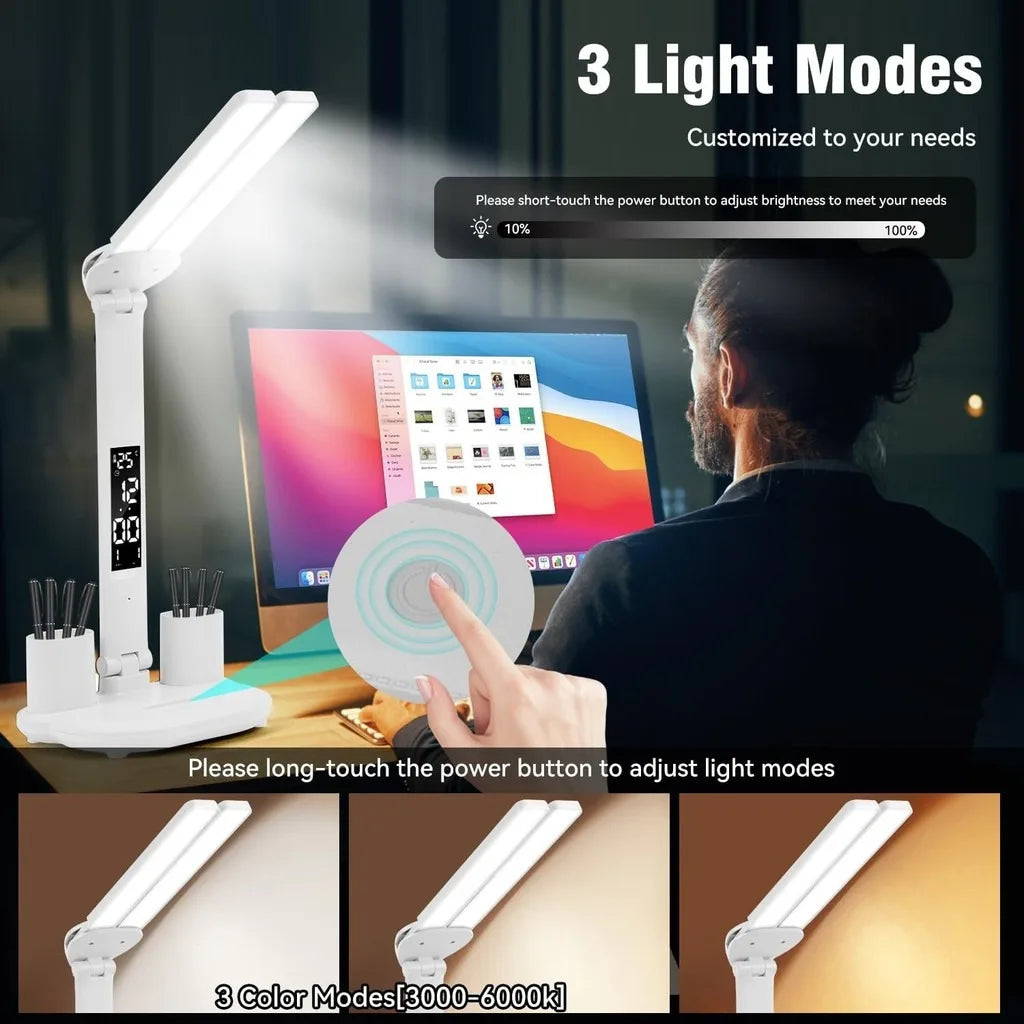 LED Clock Table Lamp USB Chargeable Touch Desk Lights 2 Heads 180 Rotate Foldable Eye Protection Desktop Reading Night Lights