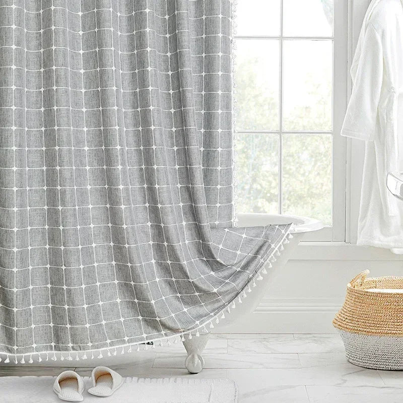 Jacquard Linen Waterproof Shower Curtain Small Fresh Plaid Pastoral Style Bathroom Mildew-proof Bathroom Curtain