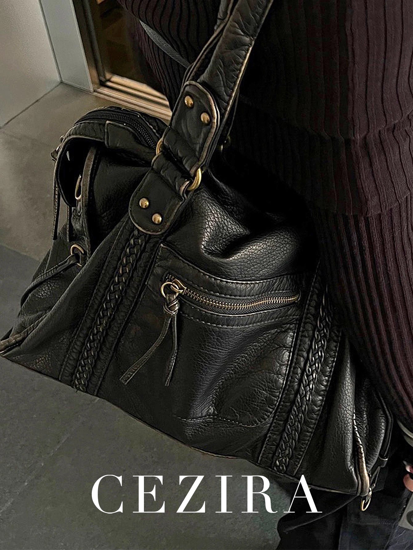 Vintage gewaschenes PU-Leder, große Kapazität, Reißverschlusstaschen, Zopfdekor, Schulter-Umhängetasche, Unisex, Damen, tägliche Reisehandtasche