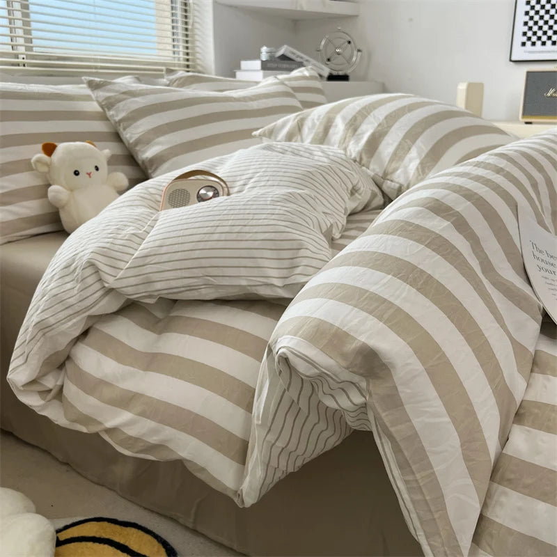 Washed Cotton Double Yarn Crepe Striped Quilt Set 3-4 Pillowcase with Sheet Bedding Cover Supplies 200x230 220x240 Skin Friendly