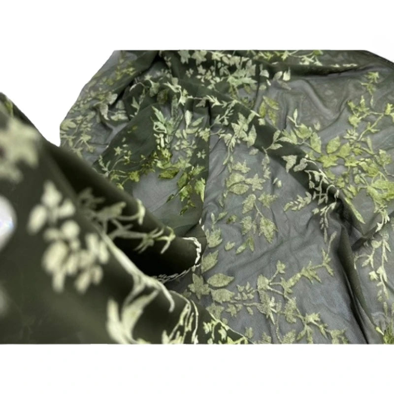 1Yard Dark Green Flocking Mesh Fabric Retro Jacquard Brocade Burnout Fabrics Tulle Lace Fabric for Sewing Dress Cheongsam