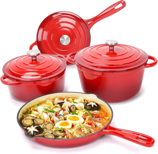 Geëmailleerde gietijzeren pannenset - 7-delige braadpanset, sauspan, koekepan, 3 deksels, potten en pannenset, gegoten met keramische coating I