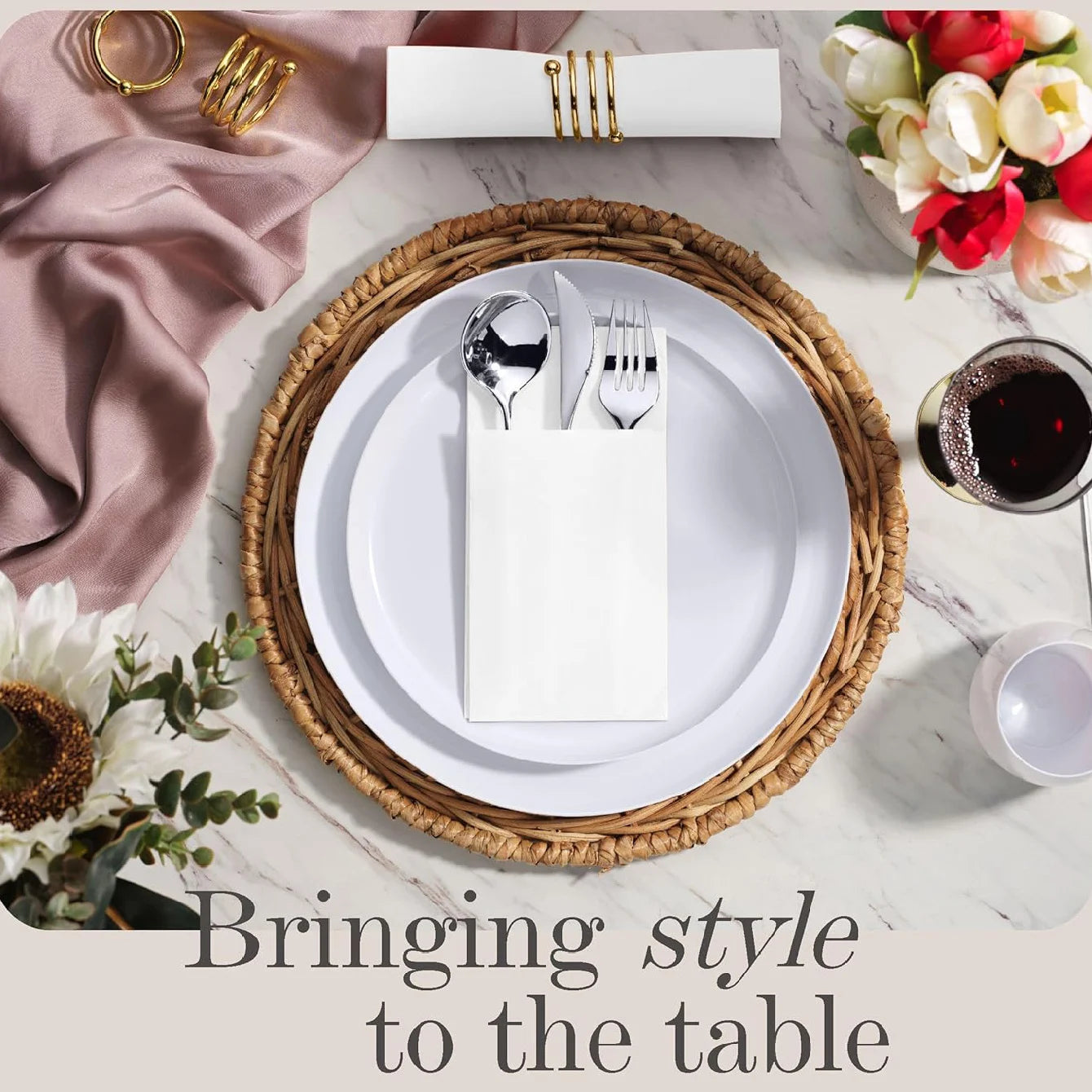 50pcs Dinner Napkins with Flatware Pocket - Prefolded Guest Towels, Paper Linen Feel for Weddings, Events, Kitchen & Daily Use