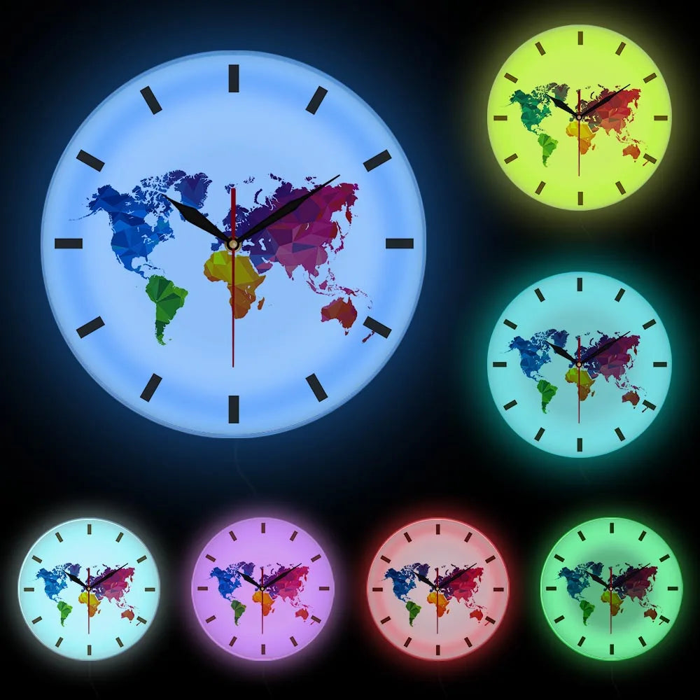 Einzigartige bunte Weltkarte-Wanduhr, geräuschloses Uhrwerk, moderne dekorative Wanduhr, geometrische Wandkunst, Einweihungsgeschenk für Reisende