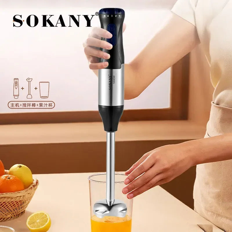 Frullatore ad immersione portatile 4 in 1, 1000 W Miscelatore elettrico in acciaio a 5 velocità Gadget da cucina per alimenti per bambini, zuppe, carne macinata
