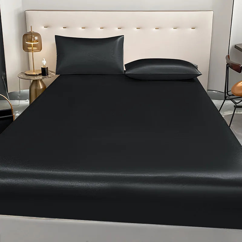 1pcs 2025 new pure black satin waterproof fitted sheet single piece pillowcase urine mattress protective cover
