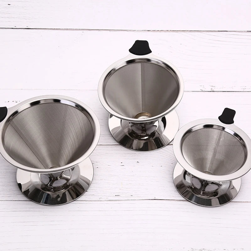 1Pcs Stainless Steel Reusable Coffee Filter Holder Pour Over Mesh Tea Dripper Cup With Base