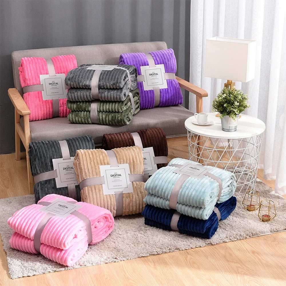 Gestreifte Flanelldecken für Betten, einfarbig, rosa, blau, weich, warm, Nerz-Überwurf, Sofabezug, Tagesdecke, Strand, Flugzeug, Reisedecken