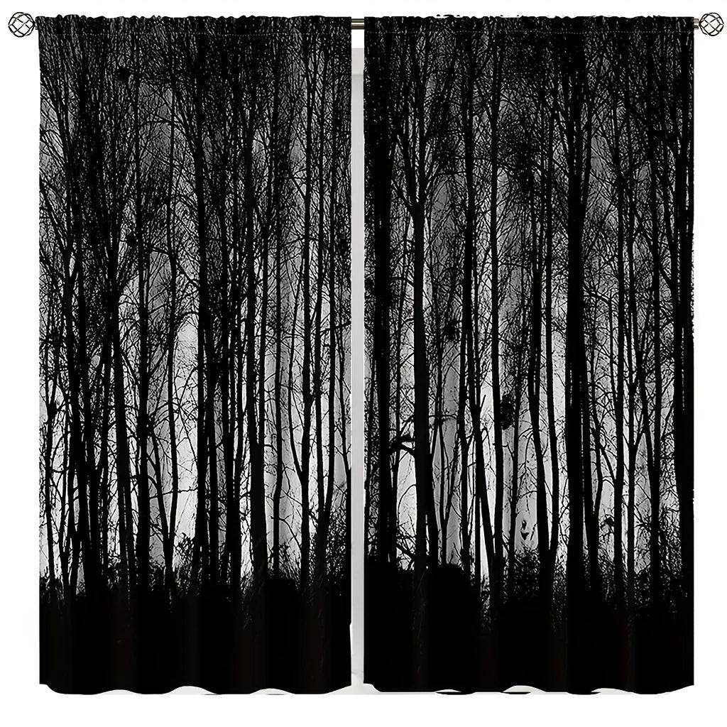 2PC Gothic Black Forest Curtains - Dark Misty Pine Blackout Rod Pocket Drapes for Bedroom & Living Room