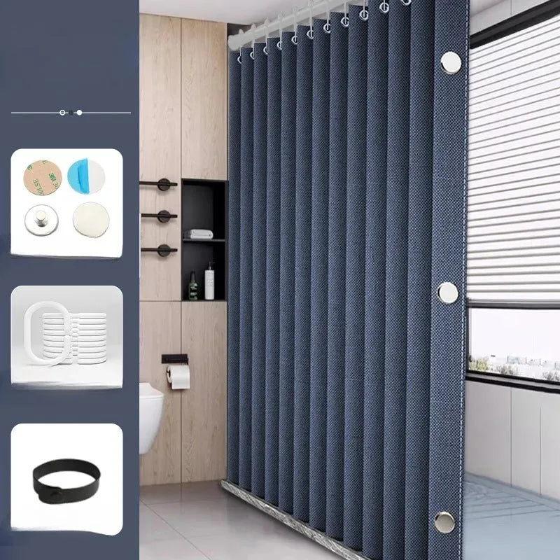 Waterproof Thick Linen Folding Curtain Mold-proof Solid Color Shower Curtain Suitable for Shower Curtains in Bathrooms