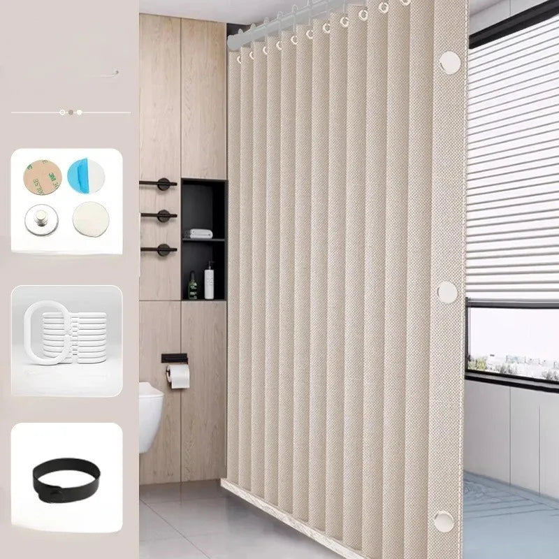 Waterproof Thick Linen Folding Curtain Mold-proof Solid Color Shower Curtain Suitable for Shower Curtains in Bathrooms
