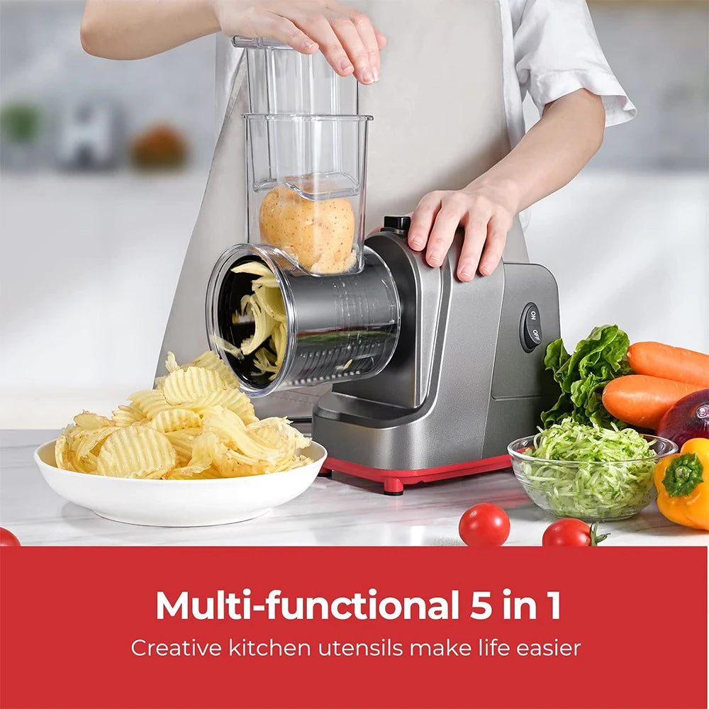 LMETJMA 250W 5 in 1 Elektrische Groentesnijder Shredder Automatische Salade Shooter Machine Kaasrasp Wortel Koolsnijder JT253