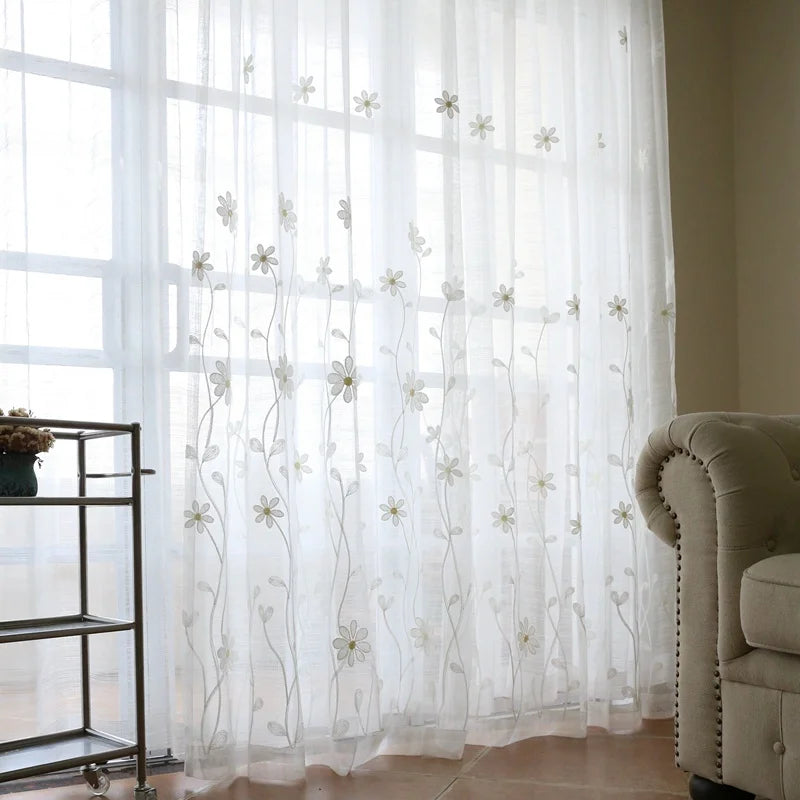 Luxury Floral Embroidered Sheer Curtain for Living Room White Voile Curtain Panel Window Drapery for Bedroom Sliding Glass Door
