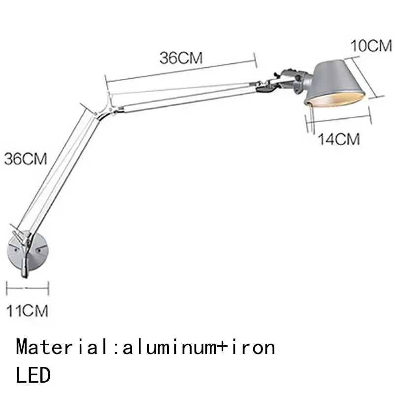 Italian Long Arm LED Wall Lamp Silver Black Metal Bedroom Study Reading Lights E27 Switch Rotatable Adjustable Lighting Decor