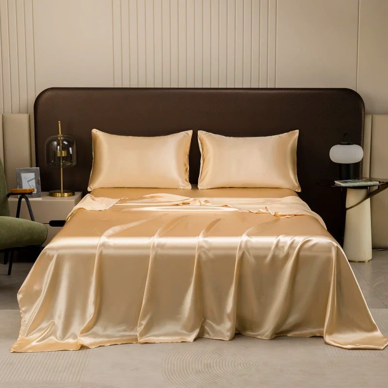 Satin Bed Sheet Sets for Summer Silky Smoooth Top Sheet with Pillowcase Single/Queen/King Ice Cooling Flat Bed Sheet Sets