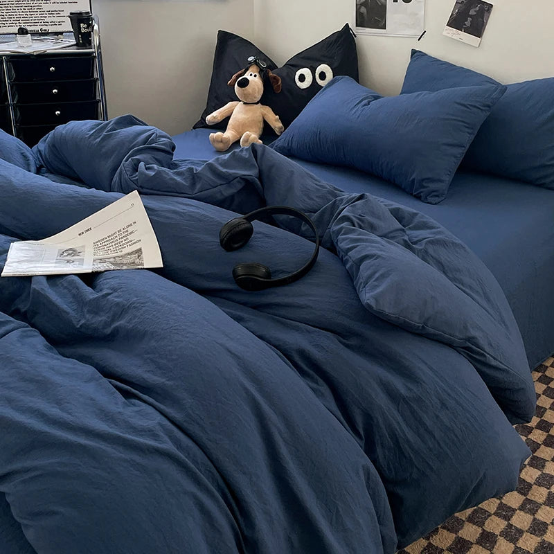 1pc Blue Duvet Cover 150x200 이불커버세트 Washed Cotton Quilt Cover Queen Size Bed Linen for Girls Boys Room (Pillowcase Need Order)