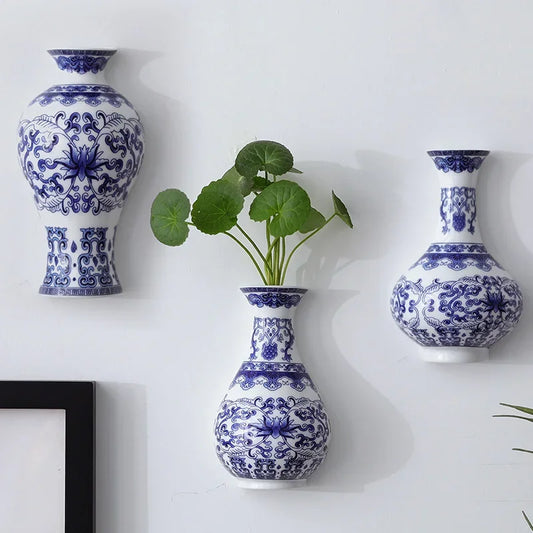 Keramična vaza, starinska in bela porcelanasta cvetlična posoda, srečna bambusa, dnevna soba in dekoracija doma, visenje stene