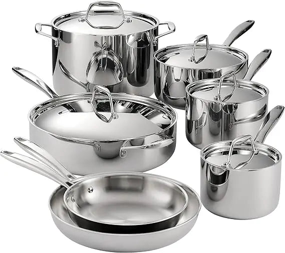 Tri-Ply Clad Stainless Steel 12-Piece Cookware Set with Lids, Pots and Pans Kitchen Set, Induction-Ready, Dishwasher-Safe, NSF-