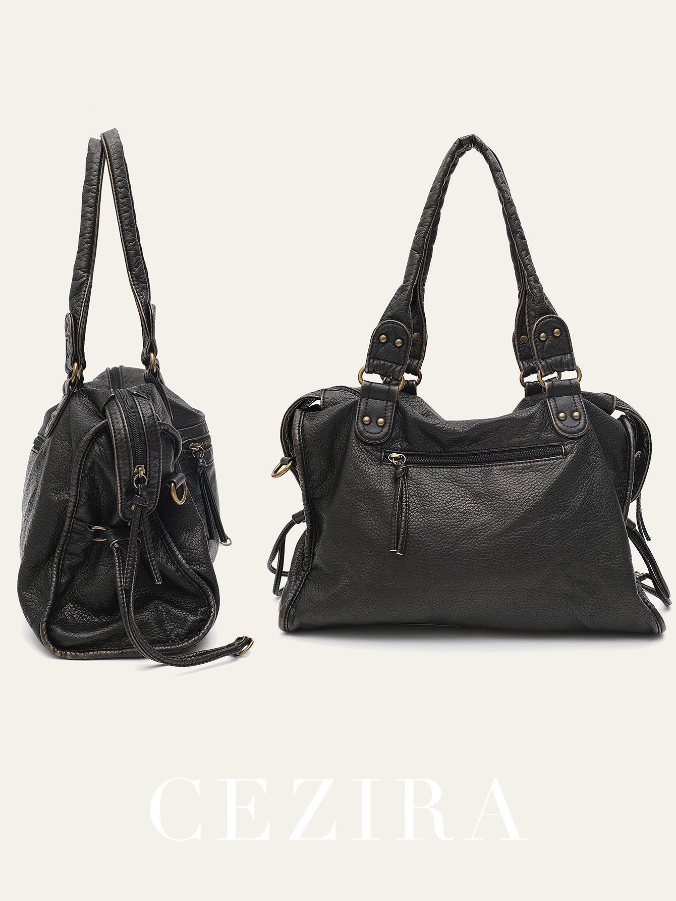 Vintage gewaschenes PU-Leder, große Kapazität, Reißverschlusstaschen, Zopfdekor, Schulter-Umhängetasche, Unisex, Damen, tägliche Reisehandtasche
