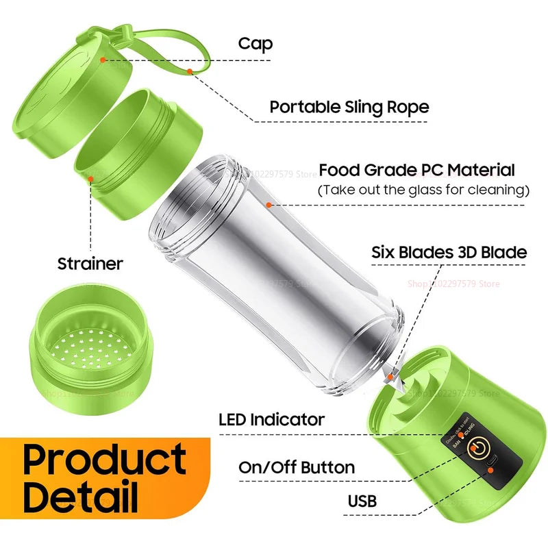 Spremiagrumi elettrico portatile da 380 ml frullatore per frullato ricaricabile USB robot da cucina mixer per frutta mini spremiagrumi da cucina compatto