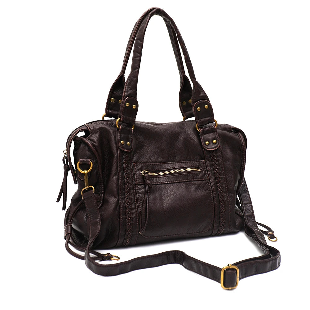 Vintage gewaschenes PU-Leder, große Kapazität, Reißverschlusstaschen, Zopfdekor, Schulter-Umhängetasche, Unisex, Damen, tägliche Reisehandtasche