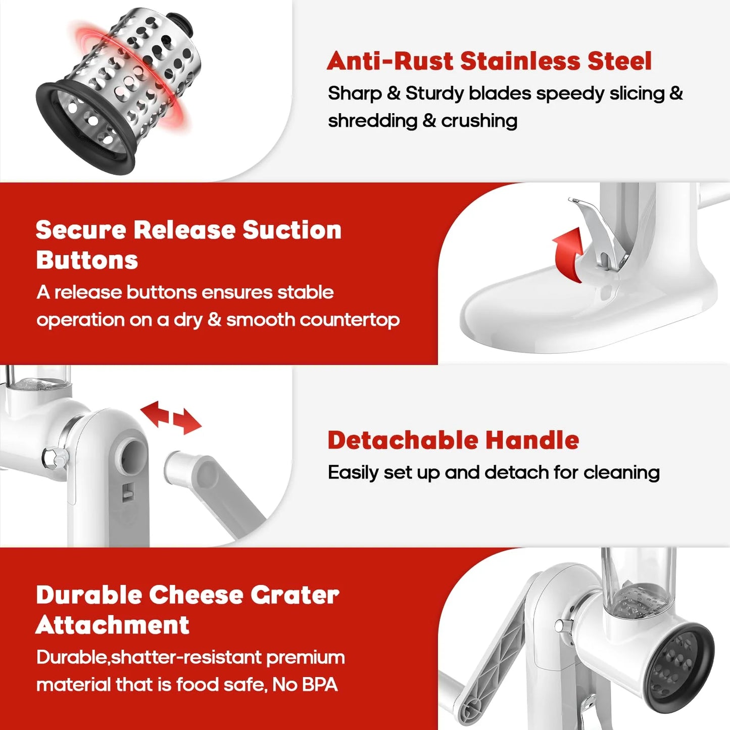 GVODE Manual Meat Grinder & Rotary Cheese Grater with Handle  with 3 Interchangeable Blades Sausage Maker with 4 Grinding Plates