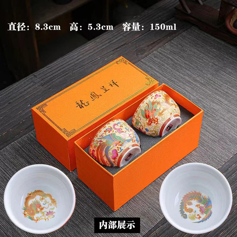 Jingdezhen Chinese Style Ancient Enamel Color Tea Cup Tea Cup Master Cup Dragon and Phoenix Pair Cup Kung Fu Sample Tea Cup Set