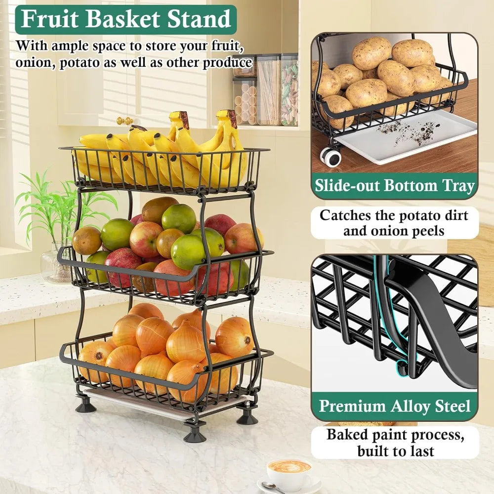 Pantry Floor Organizer and Storage Cart with Wheels, Stackable Wire Pantry Baskets for Pantry Shelves, Kitchen Fruit Basket