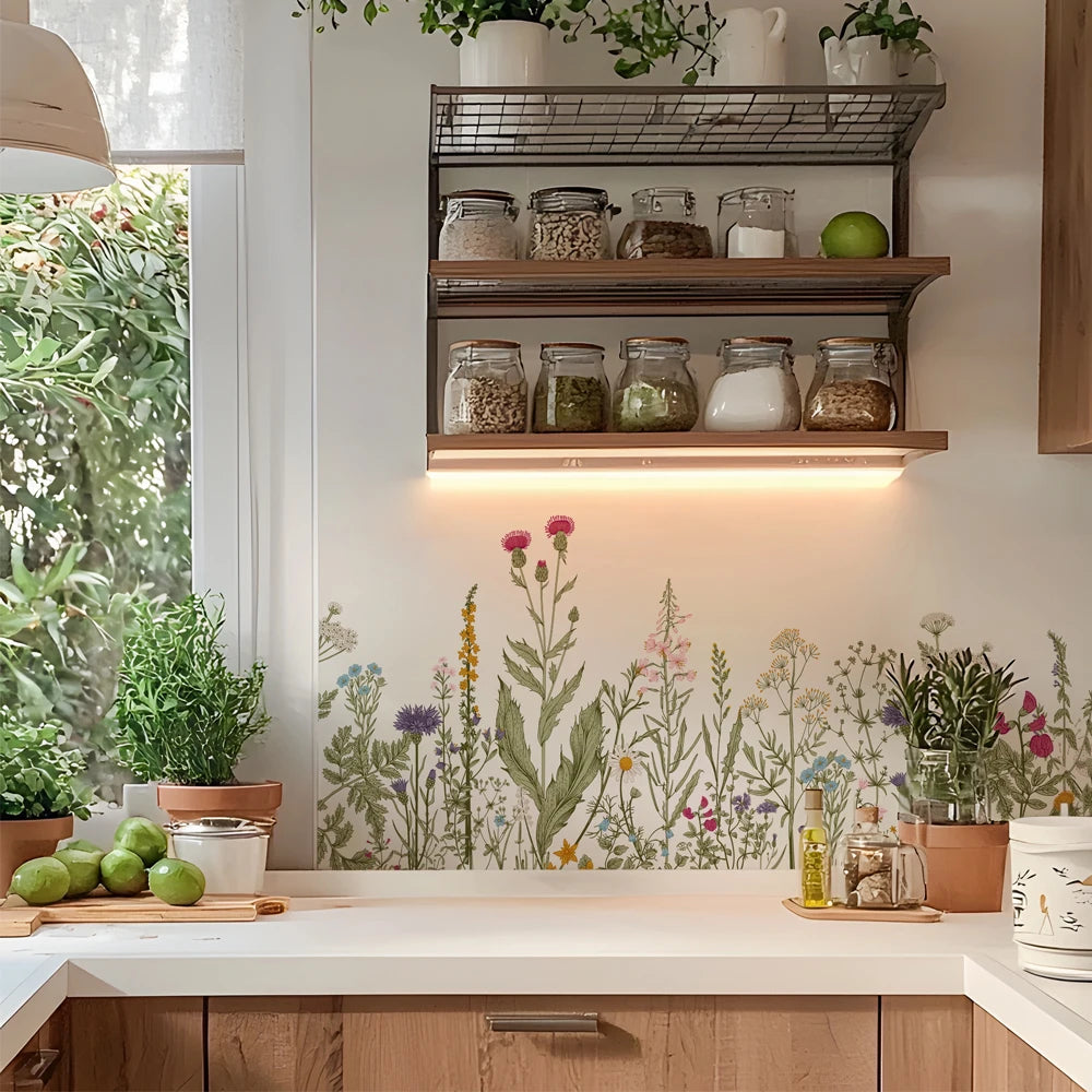 Wild flowers Wall Stickers for Kitchen Backsplash, Botanical Wall Border Sticker, Peel and Stick, Dining Room Decoration