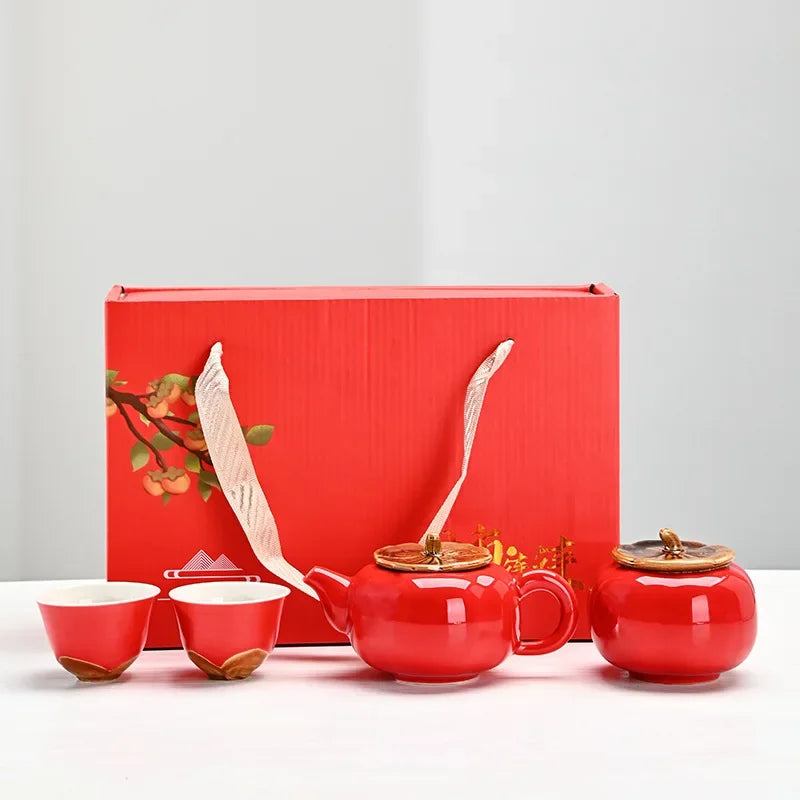 Ceramic Persimmon Kung Fu Tea Set Wedding Gift Chinese Red Wedding Banquet Set Gift Box Tea Set