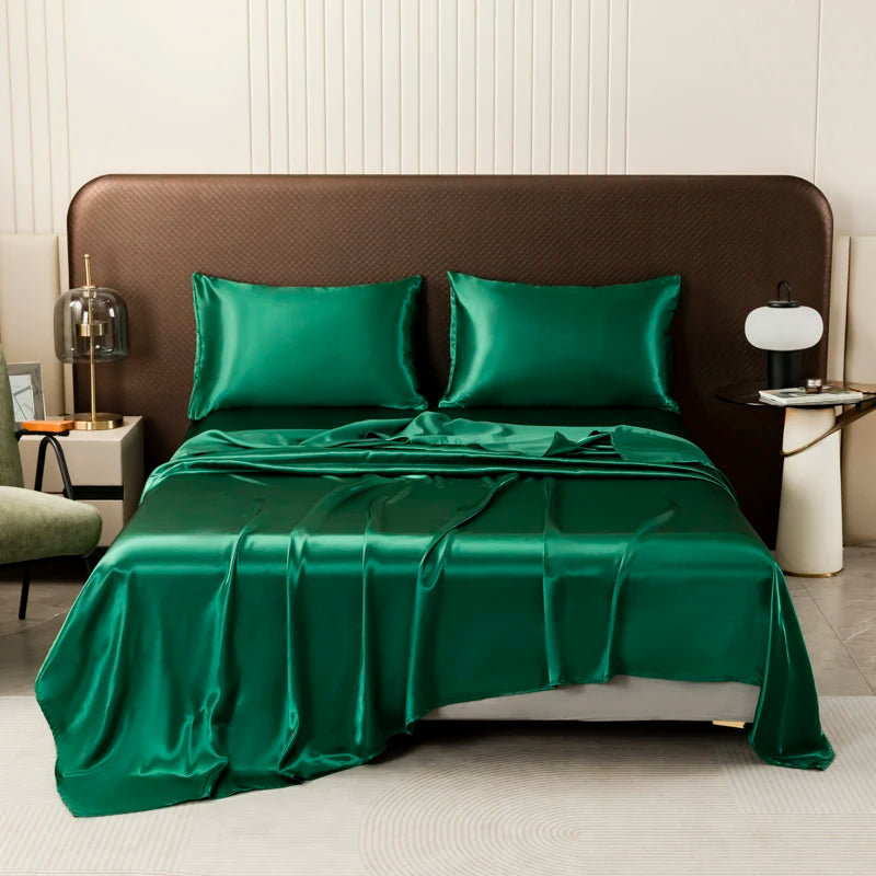 Satin Bed Sheet Sets for Summer Silky Smoooth Top Sheet with Pillowcase Single/Queen/King Ice Cooling Flat Bed Sheet Sets