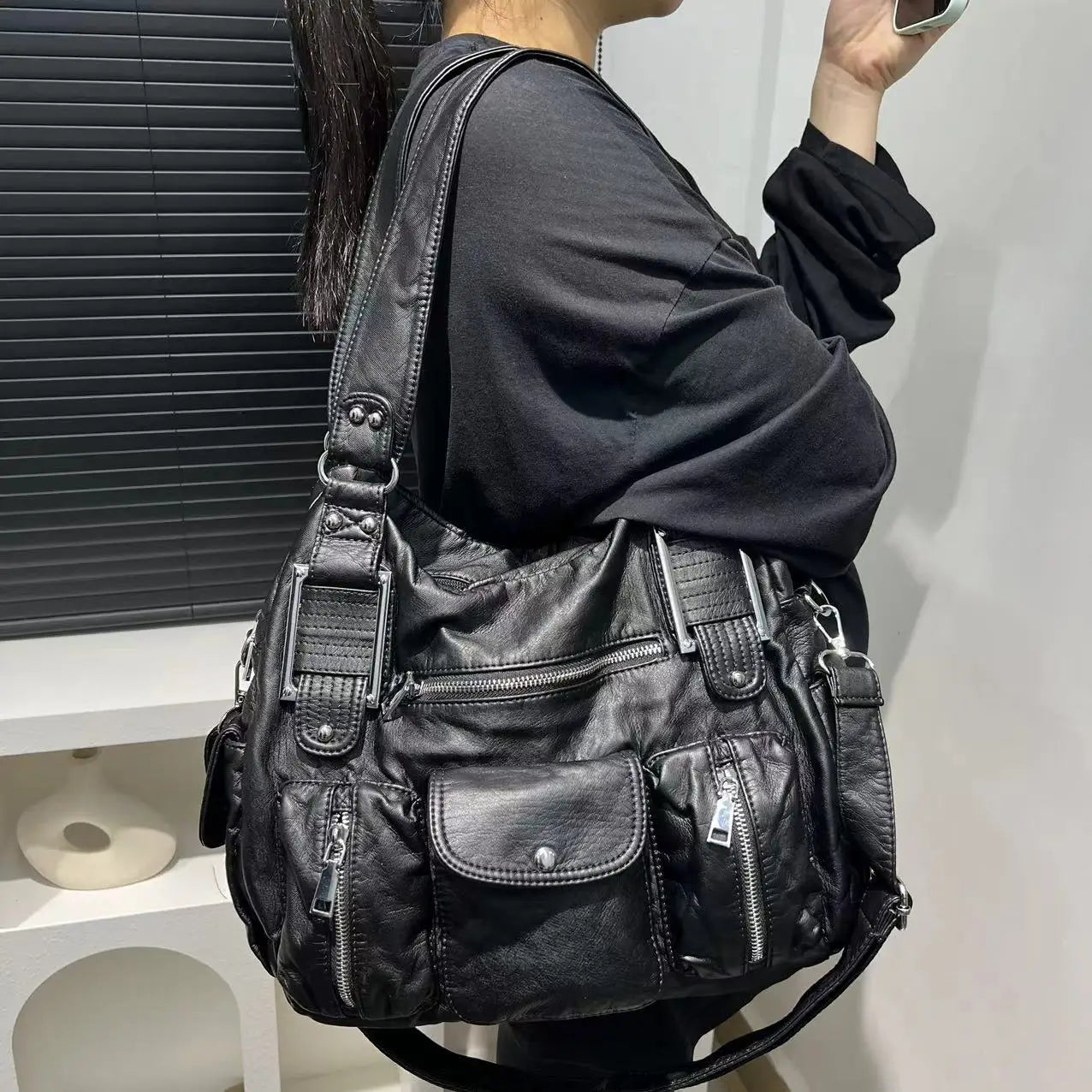 Women's Fashion Y2K Hot Girl Motorcycle Bag Old Lychee Pattern Multi-Pocket Shoulder Crossbody Bag