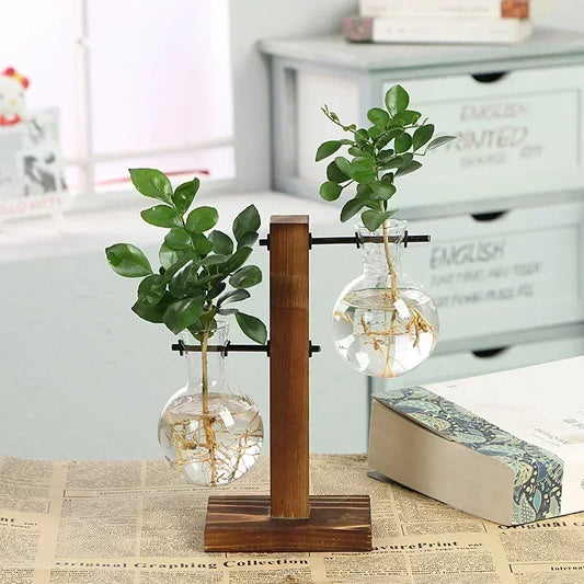 Terrarij hidroponske rastlinske vaze vintage cvetje lonca prozorna vaza lesena okvir steklena miza rastlin domače bonsaj dekor