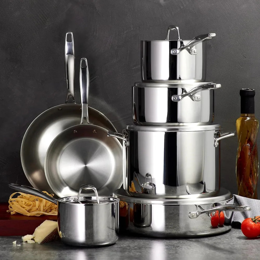 Tri-Ply Clad Stainless Steel 12-Piece Cookware Set with Lids, Pots and Pans Kitchen Set, Induction-Ready, Dishwasher-Safe, NSF-