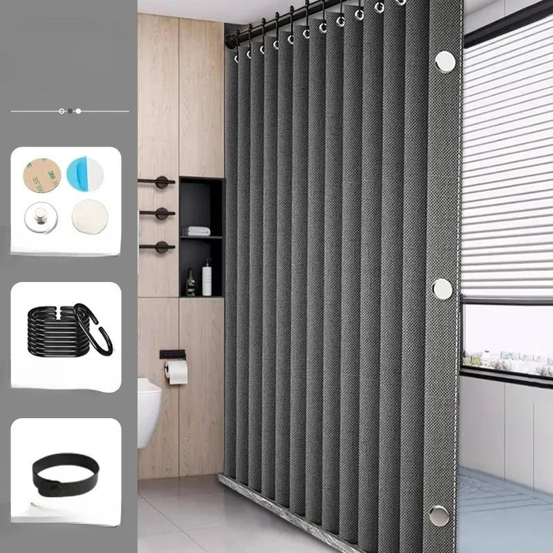 Waterproof Thick Linen Folding Curtain Mold-proof Solid Color Shower Curtain Suitable for Shower Curtains in Bathrooms