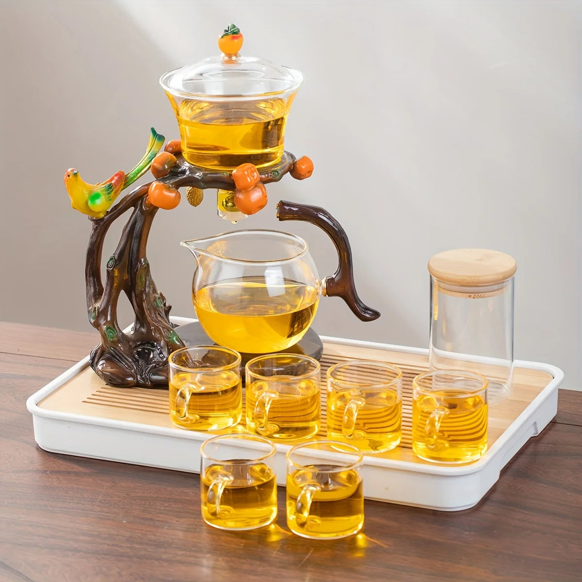 Eco-Inspired Faux Wood Glass Teapot - Magnetic One-Touch Infuser | Nature Decor, Spill-Proof, Ceremonial Tea Set