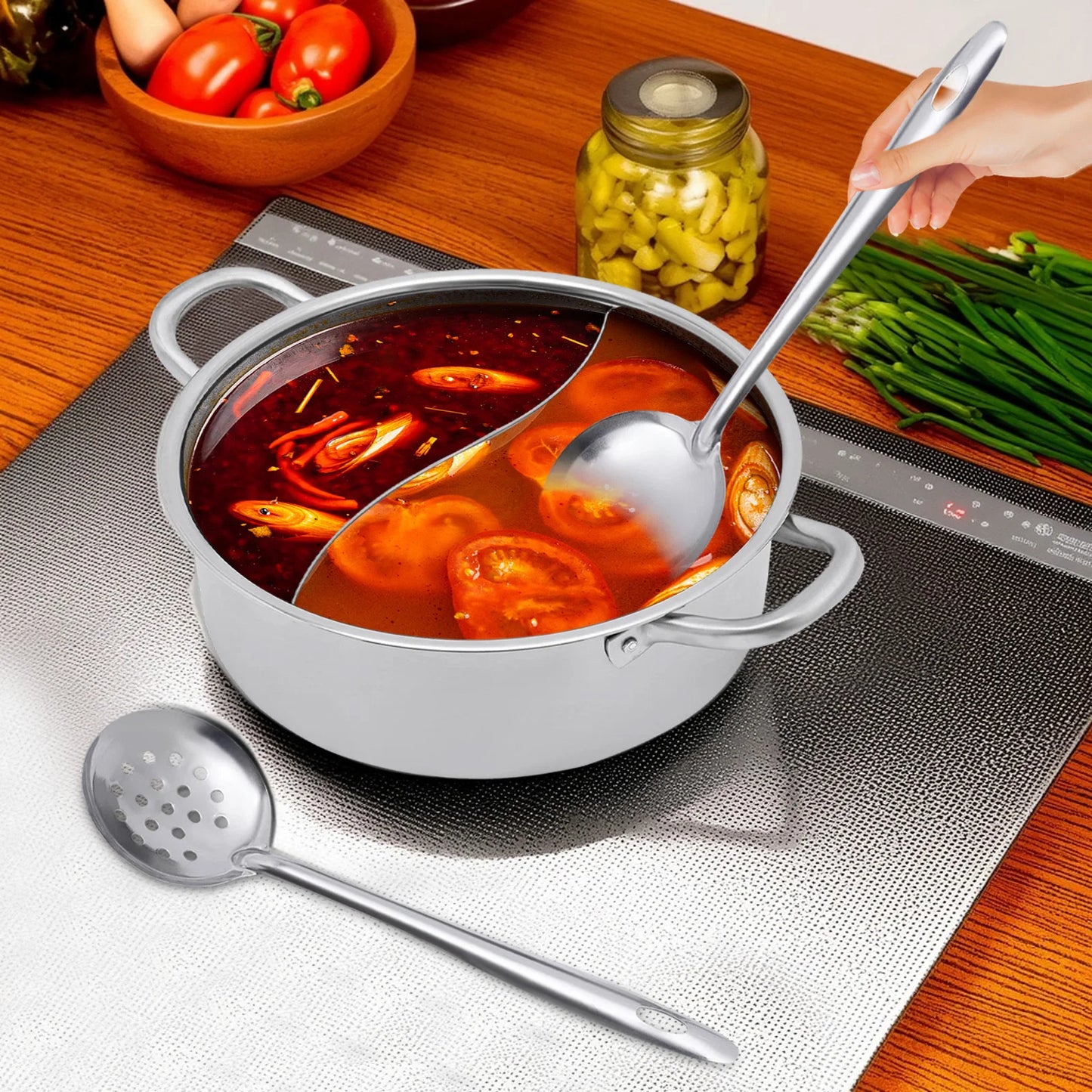 Hot Pot 304 Stainless Steel Hot Pot Cookware 2 Chambers Hot Pot Stove 28 cm Shabu Pot Cooking Pots with Dual and 2 Soup Ladles