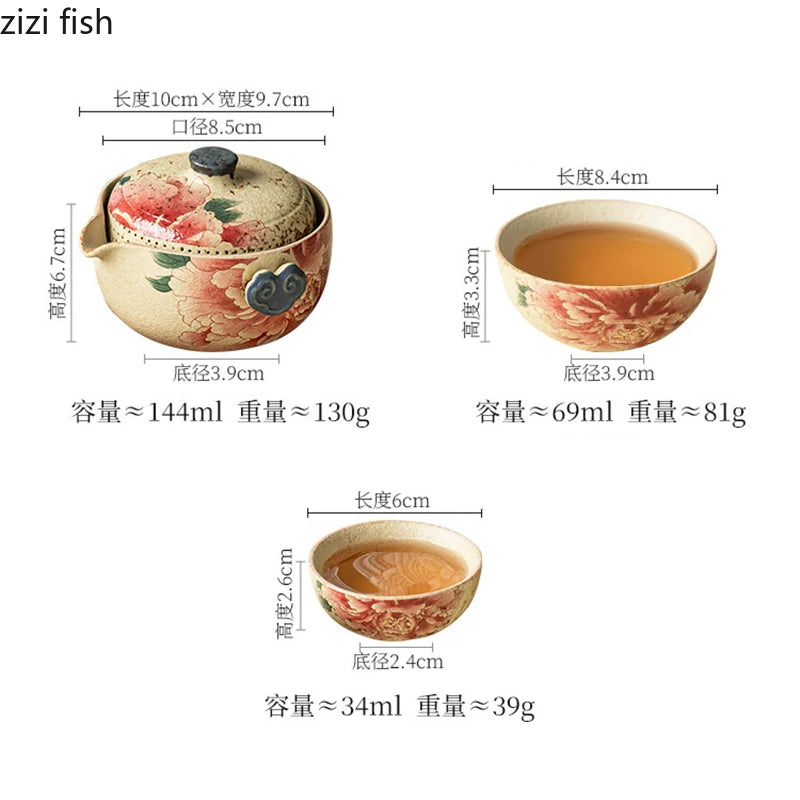 Hand Drawn Floral Ceramic Teaware Set Portable Travel Tea Set Outdoor Camping Kung Fu Tea Set 1 Pot 3 Cups Tea Brewing Utensils