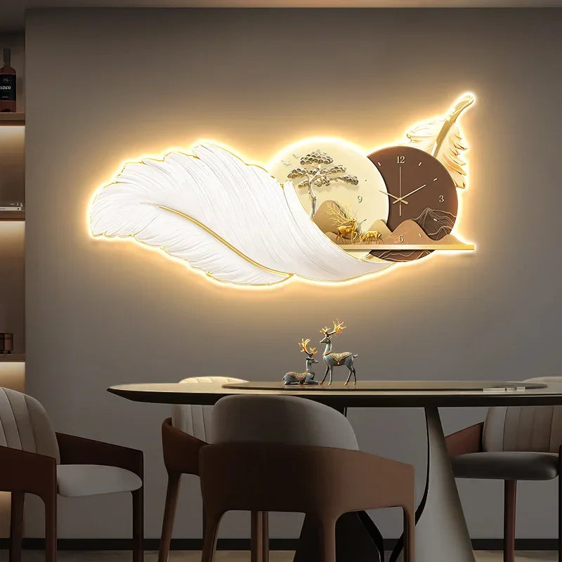 Modern Luxury Wall Clock LED Feather 3d Decorative Painting Large Wall Clock with Light Sofa Background Living Room Decoration
