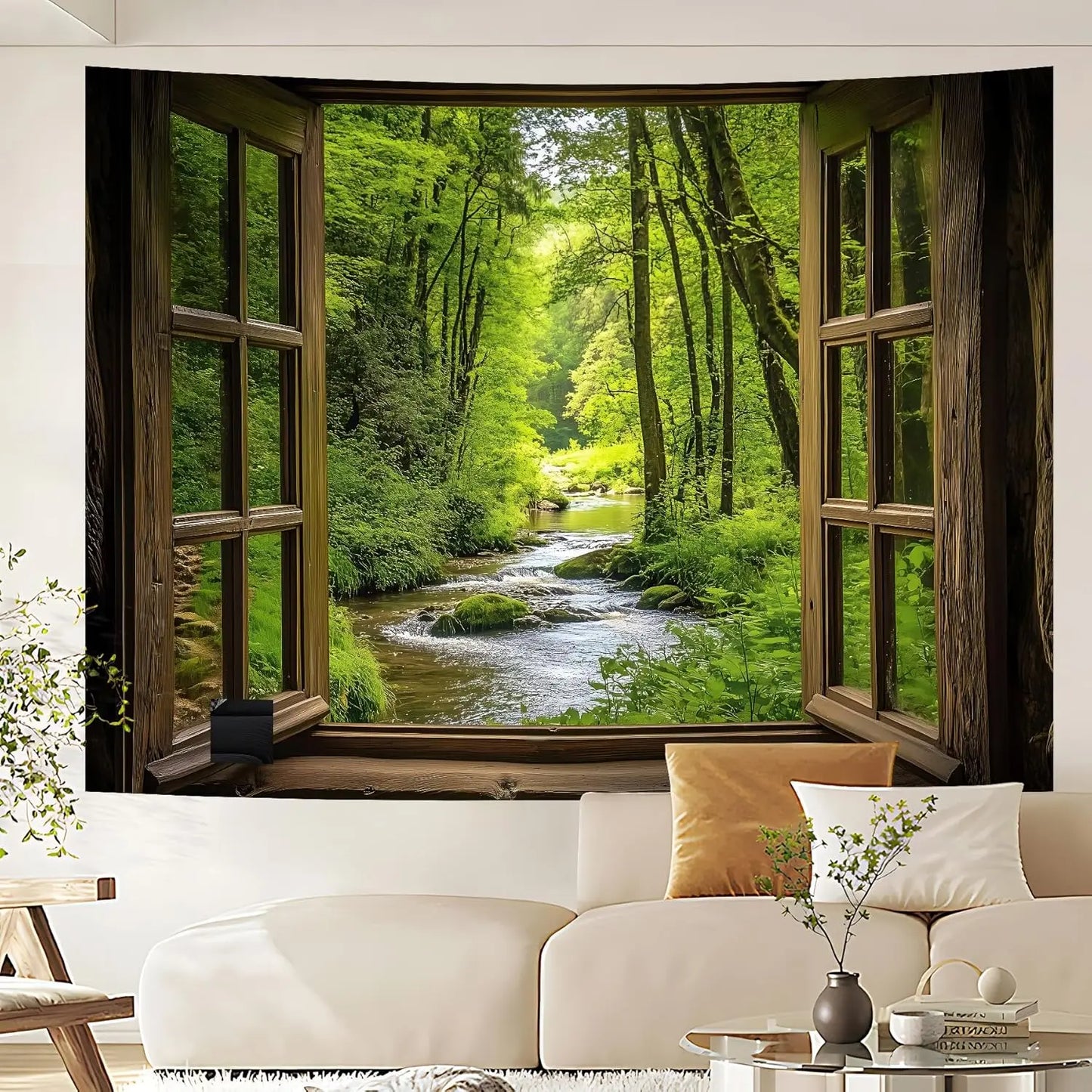 Window Tapestry, Outdoor Forest Tapestry Wall Hanging Natural Landscape Wall Mural for Bedroom Living Room Wall Art Home Decor