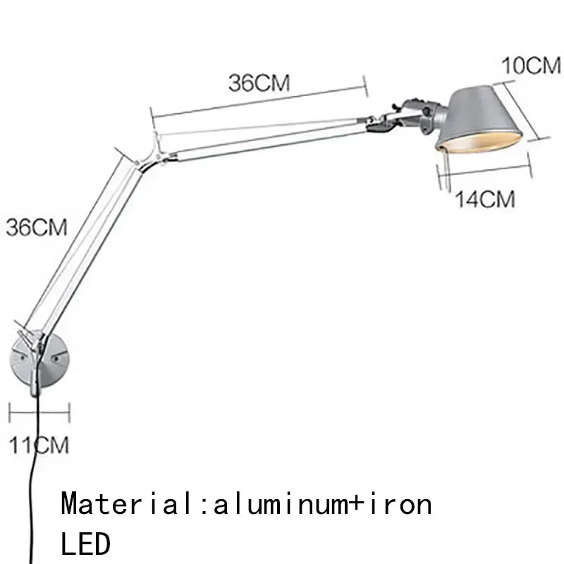 Italian Long Arm LED Wall Lamp Silver Black Metal Bedroom Study Reading Lights E27 Switch Rotatable Adjustable Lighting Decor